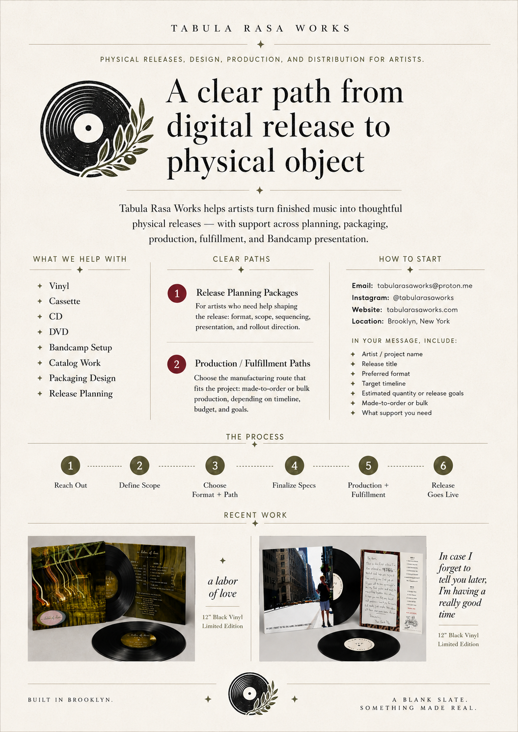 Tabula Rasa Works overview: physical releases, design, production, and distribution for artists.